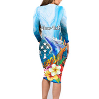 Personalised Kosrae Constitution Day Family Matching Long Sleeve Bodycon Dress and Hawaiian Shirt Humpback Whale Tropical Flowers LT05 - Polynesian Pride