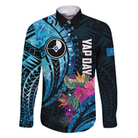 Personalised FSM Yap State Day Family Matching Off Shoulder Maxi Dress and Hawaiian Shirt Tropical Flowers Tribal Pattern LT05 Dad's Shirt - Long Sleeve Blue - Polynesian Pride