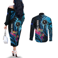 Personalised FSM Chuuk State Couples Matching Off The Shoulder Long Sleeve Dress and Long Sleeve Button Shirt Tropical Flowers Tribal Pattern LT05 - Polynesian Pride