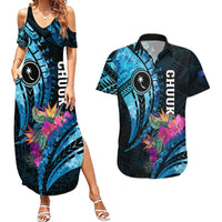 Personalised FSM Chuuk State Couples Matching Summer Maxi Dress and Hawaiian Shirt Tropical Flowers Tribal Pattern LT05 Blue - Polynesian Pride