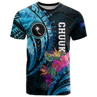 Personalised FSM Chuuk State T Shirt Tropical Flowers Tribal Pattern LT05 Blue - Polynesian Pride