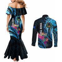 Personalised FSM Pohnpei State Couples Matching Mermaid Dress and Long Sleeve Button Shirt Tropical Flowers Tribal Pattern LT05 - Polynesian Pride
