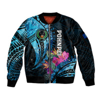 Personalised FSM Pohnpei State Sleeve Zip Bomber Jacket Tropical Flowers Tribal Pattern LT05 Unisex Blue - Polynesian Pride