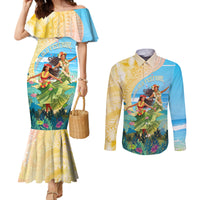 Personalised Hawaii Honolulu Festival Couples Matching Mermaid Dress and Long Sleeve Button Shirt Hula Girls Tropical Vibe LT05 Blue - Polynesian Pride