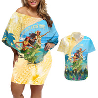 Personalised Hawaii Honolulu Festival Couples Matching Off Shoulder Short Dress and Hawaiian Shirt Hula Girls Tropical Vibe LT05 Blue - Polynesian Pride