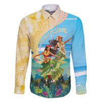 Personalised Hawaii Honolulu Festival Family Matching Off Shoulder Maxi Dress and Hawaiian Shirt Hula Girls Tropical Vibe LT05 Dad's Shirt - Long Sleeve Blue - Polynesian Pride