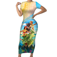 Personalised Hawaii Honolulu Festival Short Sleeve Bodycon Dress Hula Girls Tropical Vibe LT05 Long Dress Blue - Polynesian Pride