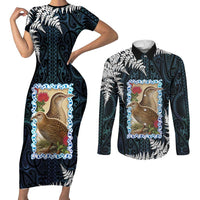 New Zealand Weka Couples Matching Short Sleeve Bodycon Dress and Long Sleeve Button Shirt Maori Hen Koru Pattern - Polynesian Pride