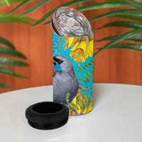New Zealand Kokako Bird 4 in 1 Can Cooler Tumbler Maori Koru With Kowhai Flowers - Polynesian Pride