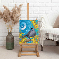 New Zealand Kokako Bird Canvas Wall Art Maori Koru With Kowhai Flowers - Polynesian Pride