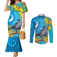 New Zealand Kokako Bird Couples Matching Mermaid Dress and Long Sleeve Button Shirt Maori Koru With Kowhai Flowers - Polynesian Pride