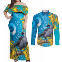 New Zealand Kokako Bird Couples Matching Off Shoulder Maxi Dress and Long Sleeve Button Shirt Maori Koru With Kowhai Flowers - Polynesian Pride