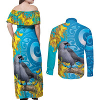 New Zealand Kokako Bird Couples Matching Off Shoulder Maxi Dress and Long Sleeve Button Shirt Maori Koru With Kowhai Flowers - Polynesian Pride