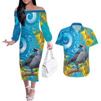 New Zealand Kokako Bird Couples Matching Off The Shoulder Long Sleeve Dress and Hawaiian Shirt Maori Koru With Kowhai Flowers - Polynesian Pride