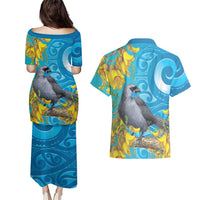 New Zealand Kokako Bird Couples Matching Puletasi and Hawaiian Shirt Maori Koru With Kowhai Flowers - Polynesian Pride