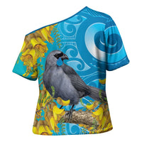 New Zealand Kokako Bird Cross Shoulder Shirt Maori Koru With Kowhai Flowers - Polynesian Pride