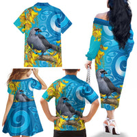 New Zealand Kokako Bird Family Matching Off The Shoulder Long Sleeve Dress and Hawaiian Shirt Maori Koru With Kowhai Flowers