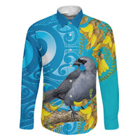 New Zealand Kokako Bird Family Matching Off The Shoulder Long Sleeve Dress and Hawaiian Shirt Maori Koru With Kowhai Flowers