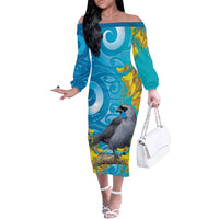 New Zealand Kokako Bird Family Matching Off The Shoulder Long Sleeve Dress and Hawaiian Shirt Maori Koru With Kowhai Flowers