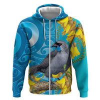 New Zealand Kokako Bird Hoodie Maori Koru With Kowhai Flowers - Polynesian Pride