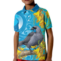 New Zealand Kokako Bird Kid Polo Shirt Maori Koru With Kowhai Flowers - Polynesian Pride