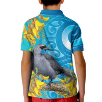 New Zealand Kokako Bird Kid Polo Shirt Maori Koru With Kowhai Flowers - Polynesian Pride
