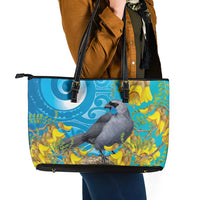 New Zealand Kokako Bird Leather Tote Bag Maori Koru With Kowhai Flowers - Polynesian Pride