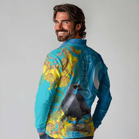New Zealand Kokako Bird Long Sleeve Polo Shirt Maori Koru With Kowhai Flowers - Polynesian Pride