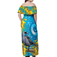 New Zealand Kokako Bird Off Shoulder Maxi Dress Maori Koru With Kowhai Flowers - Polynesian Pride