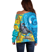 New Zealand Kokako Bird Off Shoulder Sweater Maori Koru With Kowhai Flowers - Polynesian Pride