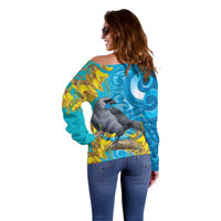 New Zealand Kokako Bird Off Shoulder Sweater Maori Koru With Kowhai Flowers - Polynesian Pride