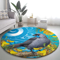 New Zealand Kokako Bird Round Carpet Maori Koru With Kowhai Flowers - Polynesian Pride