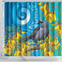 New Zealand Kokako Bird Shower Curtain Maori Koru With Kowhai Flowers - Polynesian Pride