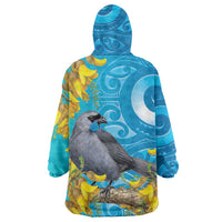 New Zealand Kokako Bird Wearable Blanket Hoodie Maori Koru With Kowhai Flowers - Polynesian Pride