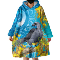 New Zealand Kokako Bird Wearable Blanket Hoodie Maori Koru With Kowhai Flowers - Polynesian Pride