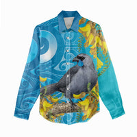 New Zealand Kokako Bird Women Casual Shirt Maori Koru With Kowhai Flowers - Polynesian Pride