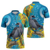 New Zealand Kokako Bird Zipper Polo Shirt Maori Koru With Kowhai Flowers - Polynesian Pride