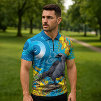 New Zealand Kokako Bird Zipper Polo Shirt Maori Koru With Kowhai Flowers - Polynesian Pride