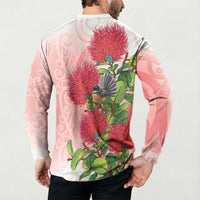 New Zealand Fantail Button Sweatshirt Maori Koru With Pohutukawa Flowers - Polynesian Pride