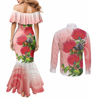 New Zealand Fantail Couples Matching Mermaid Dress and Long Sleeve Button Shirt Maori Koru With Pohutukawa Flowers - Polynesian Pride