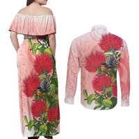 New Zealand Fantail Couples Matching Off Shoulder Maxi Dress and Long Sleeve Button Shirt Maori Koru With Pohutukawa Flowers - Polynesian Pride