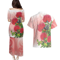 New Zealand Fantail Couples Matching Puletasi and Hawaiian Shirt Maori Koru With Pohutukawa Flowers - Polynesian Pride