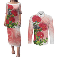 New Zealand Fantail Couples Matching Puletasi and Long Sleeve Button Shirt Maori Koru With Pohutukawa Flowers - Polynesian Pride