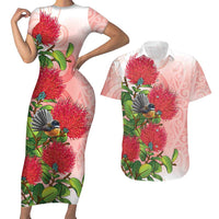 New Zealand Fantail Couples Matching Short Sleeve Bodycon Dress and Hawaiian Shirt Maori Koru With Pohutukawa Flowers - Polynesian Pride