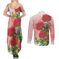 New Zealand Fantail Couples Matching Summer Maxi Dress and Long Sleeve Button Shirt Maori Koru With Pohutukawa Flowers - Polynesian Pride