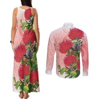 New Zealand Fantail Couples Matching Tank Maxi Dress and Long Sleeve Button Shirt Maori Koru With Pohutukawa Flowers - Polynesian Pride