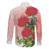 New Zealand Fantail Family Matching Puletasi and Hawaiian Shirt Maori Koru With Pohutukawa Flowers