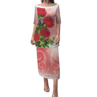 New Zealand Fantail Family Matching Puletasi and Hawaiian Shirt Maori Koru With Pohutukawa Flowers