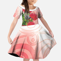 New Zealand Fantail Family Matching Short Sleeve Bodycon Dress and Hawaiian Shirt Maori Koru With Pohutukawa Flowers