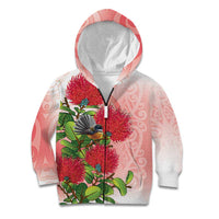 New Zealand Fantail Kid Hoodie Maori Koru With Pohutukawa Flowers - Polynesian Pride